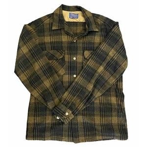 Vintage 60s Pendleton Wool Board Shirt Plaid Loop Collar Flap Pockets M